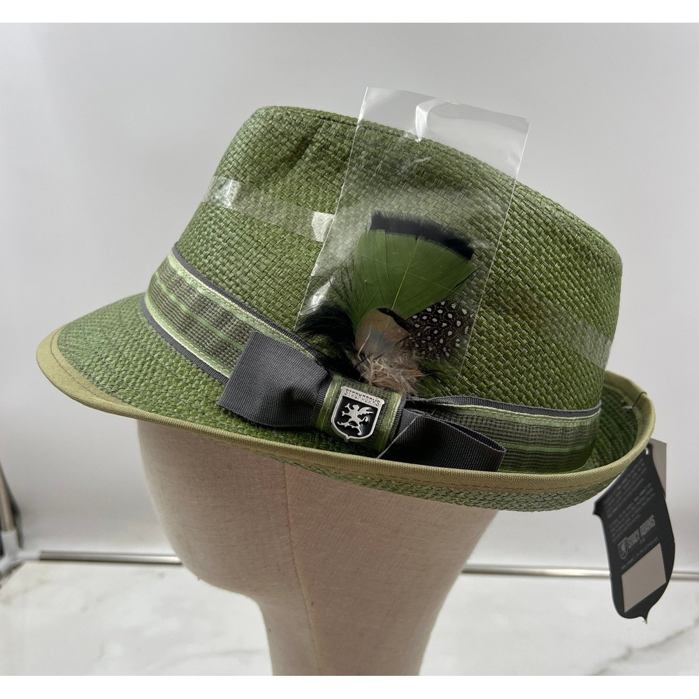 Stacy Adams Fedora Hat Men's Size Large Green Toyo Straw Stingy Brim Feather NWT
